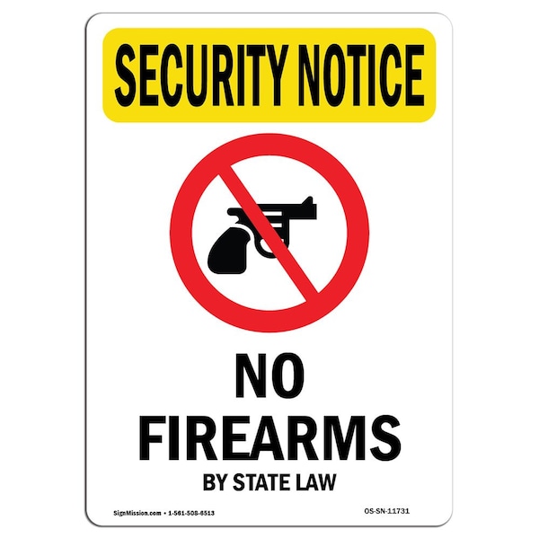 OSHA Security Sign, 5" Height, No Firearms By State Law With Symbol, Portrait, 10PK